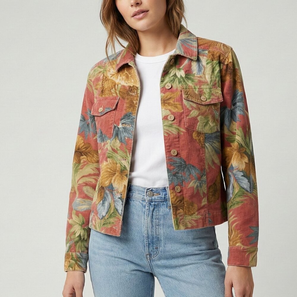 Coldwater Creek Floral Button Front Jacket Petite Small 100% Cotton Shacket